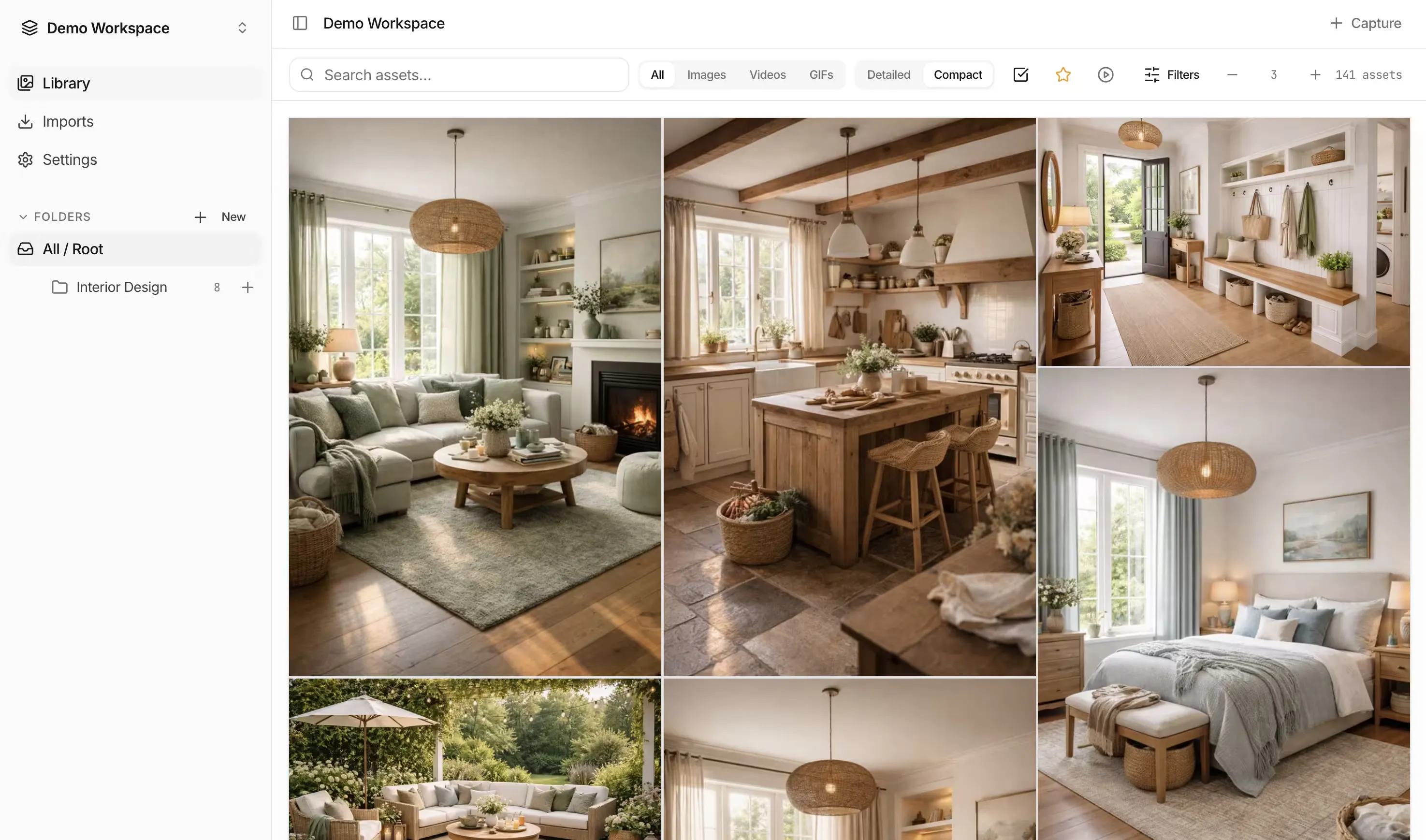 PicStack library: a dense grid of saved visual references with search